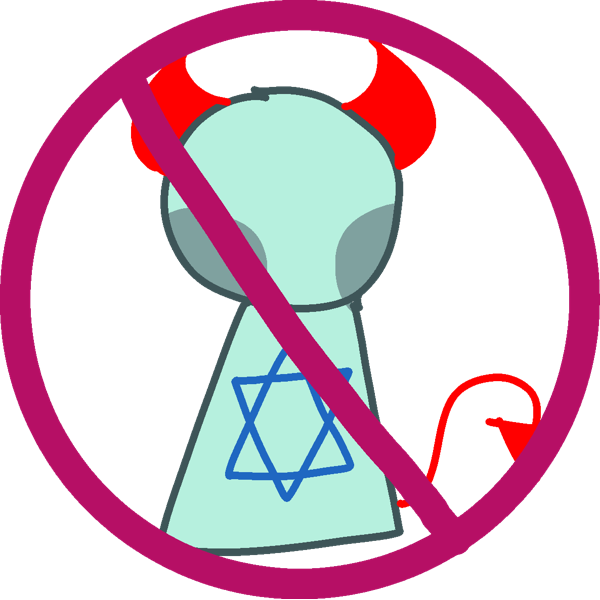 a dark red no entry sign over a drawing of a teal person with red demon horns and tail as well as a blue Star of David on them